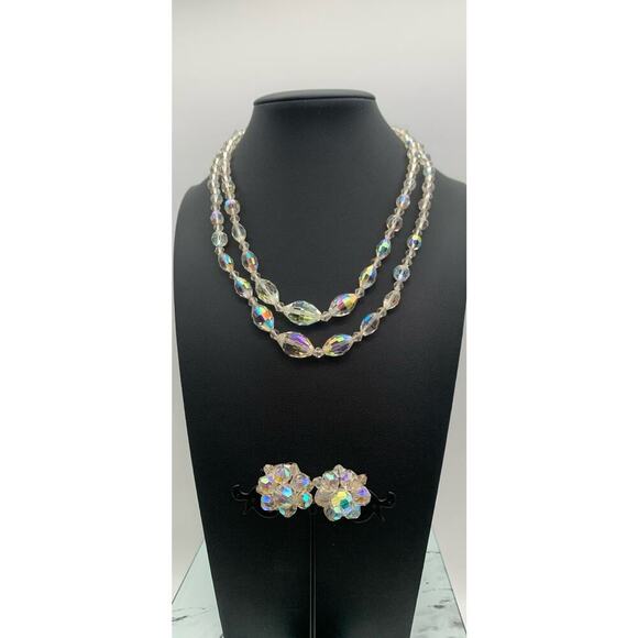 Vintage Double Strand Aurora Borealis AB Crystal Necklace & Cluster Clip On’s - Picture 2 of 7